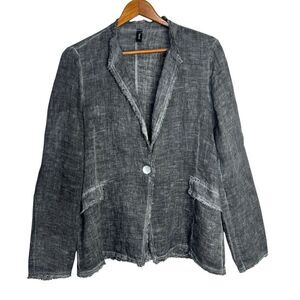 Venti6 Blazer Womens Large Gray Linen Jacket Frayed Hem Sequin Star Elbow Patch